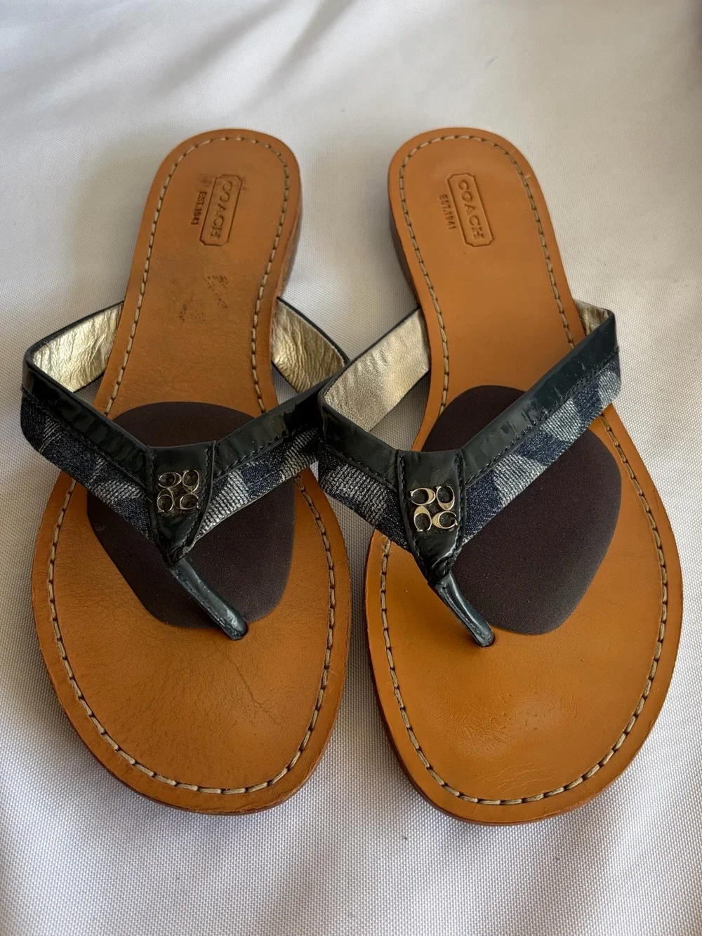 Coach Sydney Thong Sandals‎ Womens 10 Blue Tan Logo Pattern Leather Flat Sandal